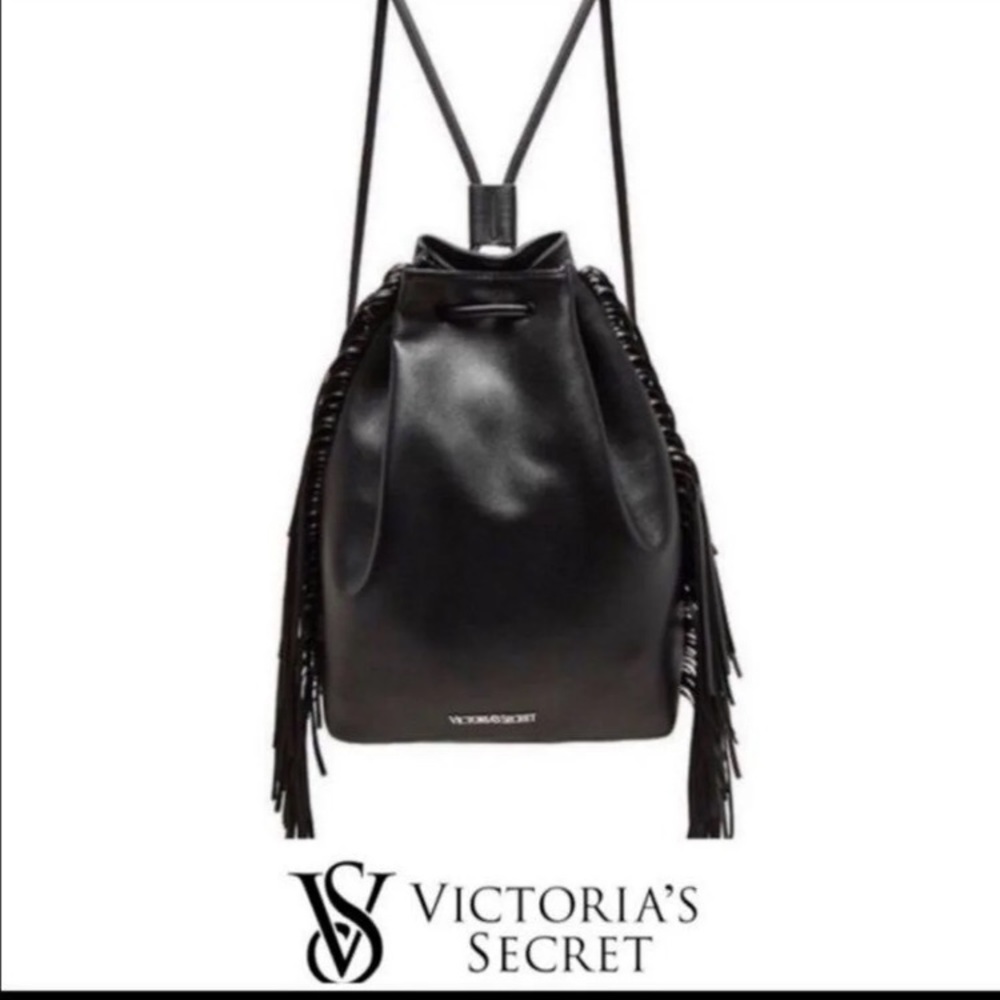 NWT, VS black faux leather fringed backpack